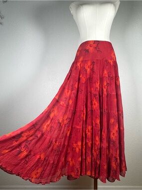 Emanuel Ungaro Vintage Red Floral Silk Tiered Maxi Skirt Bohemian Designer Sz 8